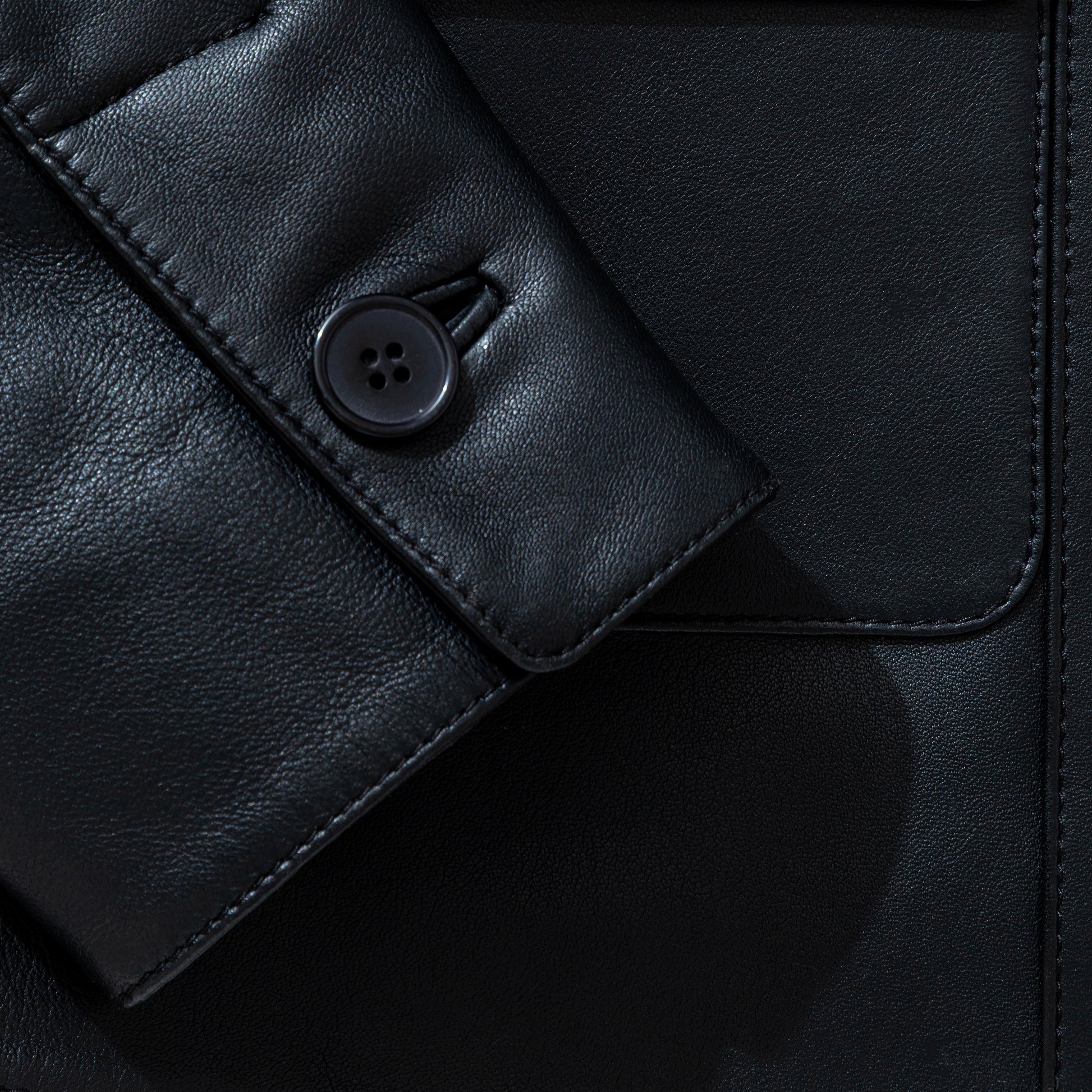 Close-up of a black leather jacket with a button